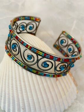 Boho Multicolor Seed Bead & Turquoise Accent Cuff Bracelet